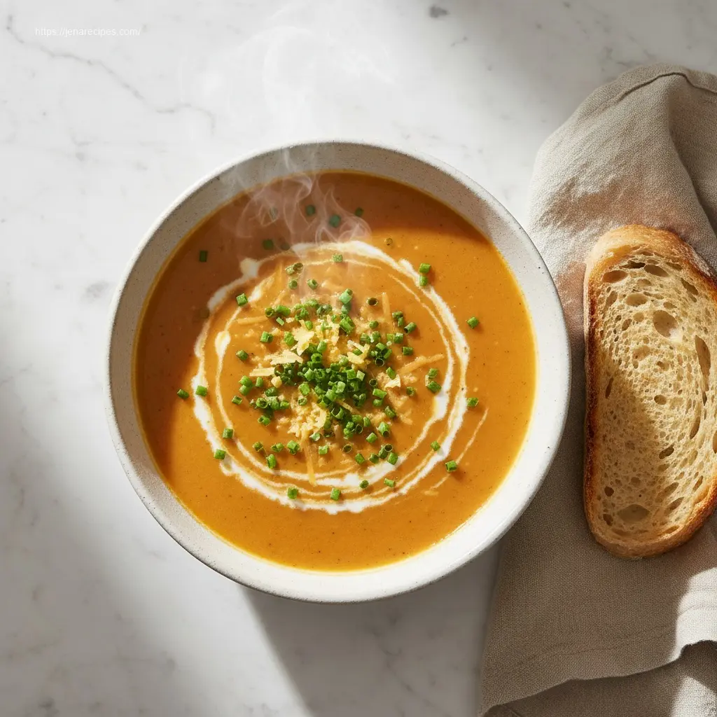 Delicious Cheddar Garlic Sweet Potato Soup, garnished and ready to eat.