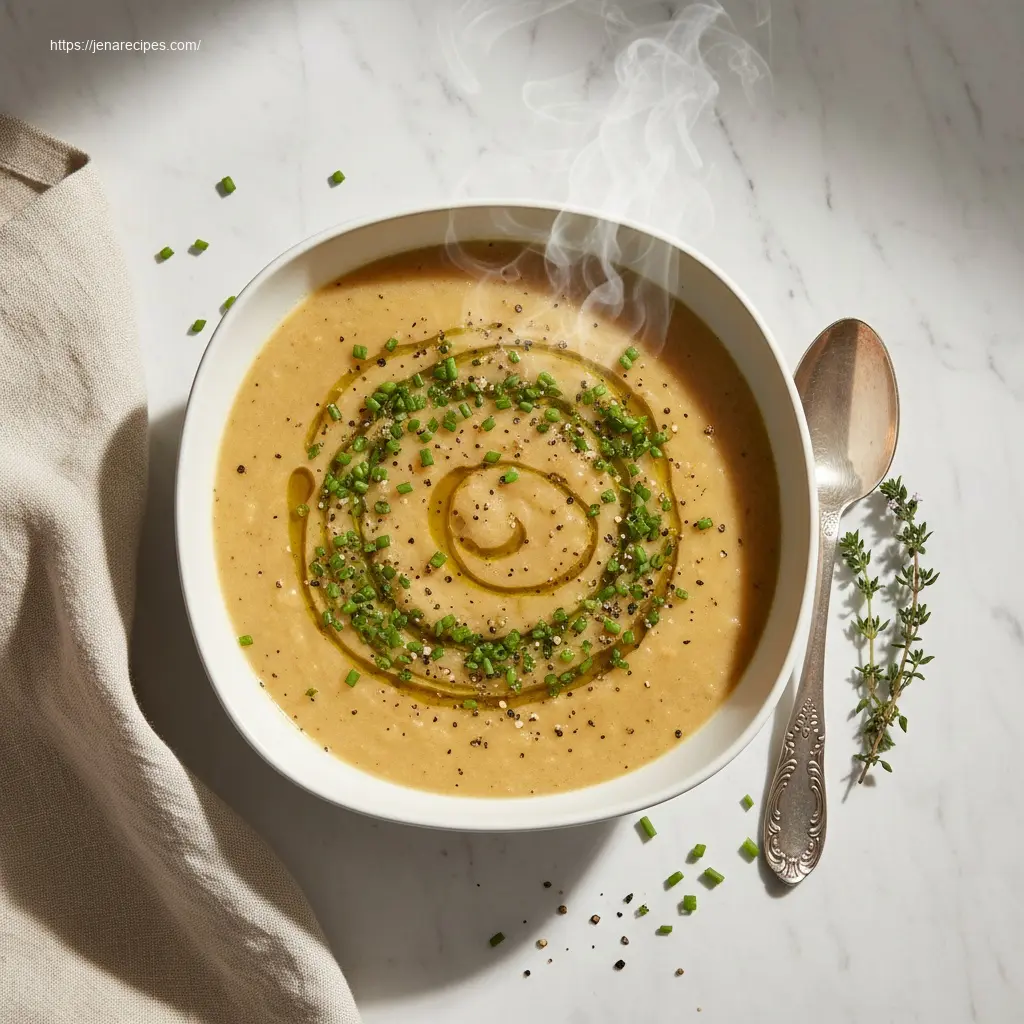 Creamy Hearty Cheddar Garlic Herb Potato Soup overhead