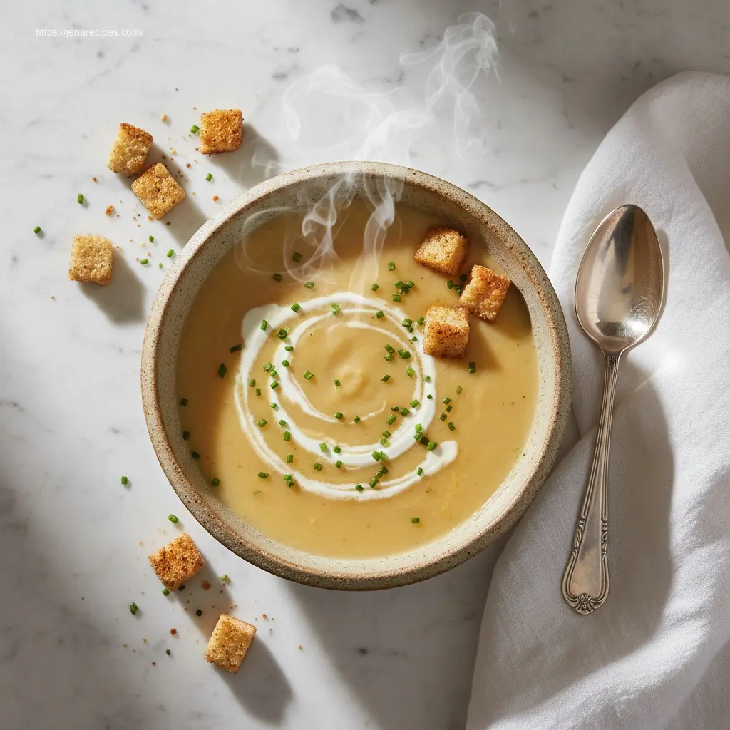 Delicious Creamy Cheddar Garlic Potato Soup with fresh herbs.
