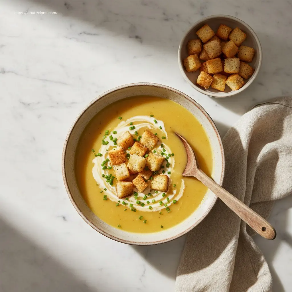 Creamy Rustic Cheddar Potato Soup with crunchy sourdough croutons