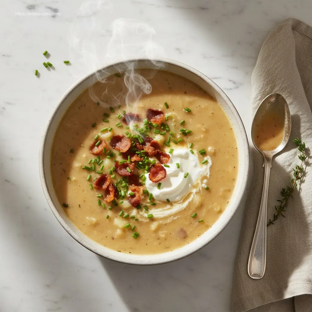 Delicious Hearty Cheddar Garlic Herb Potato Soup.