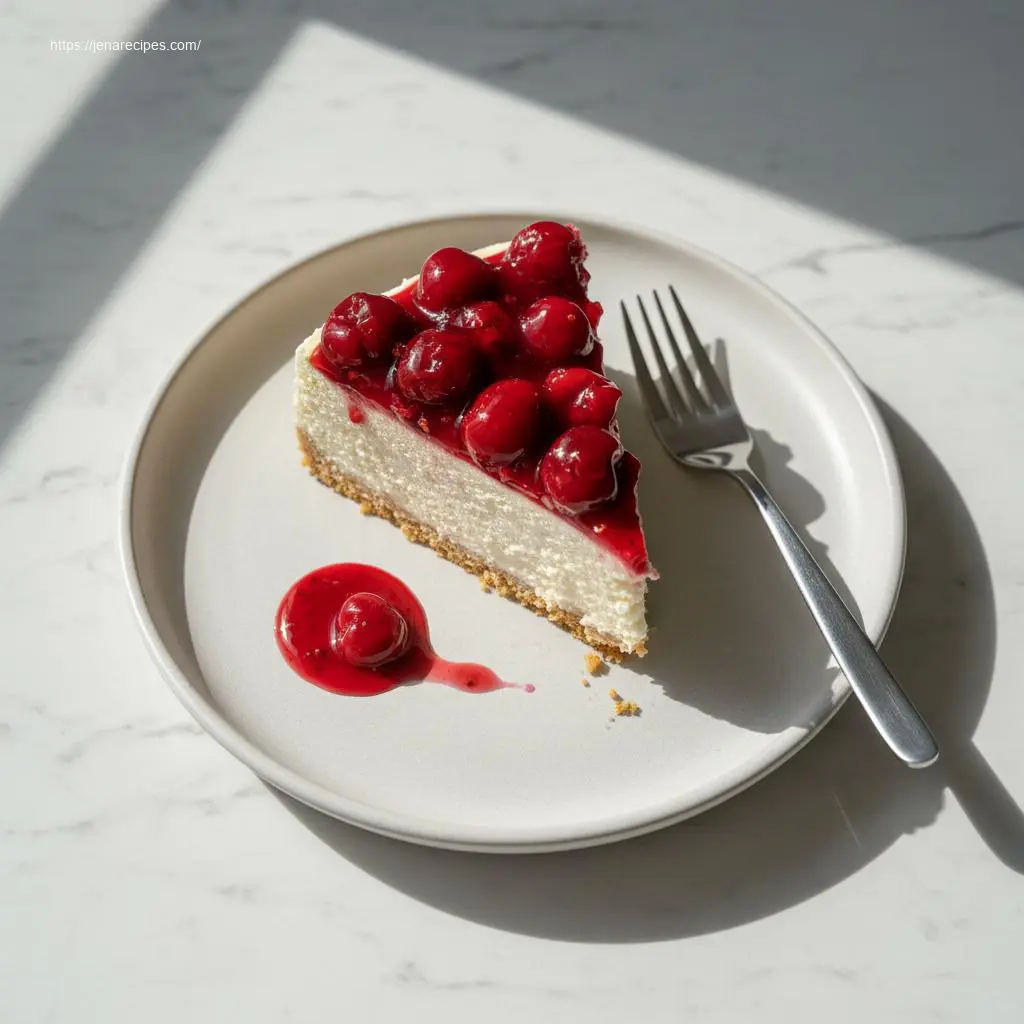 Slice of cherry cheesecake recipe no bake on a plate.
