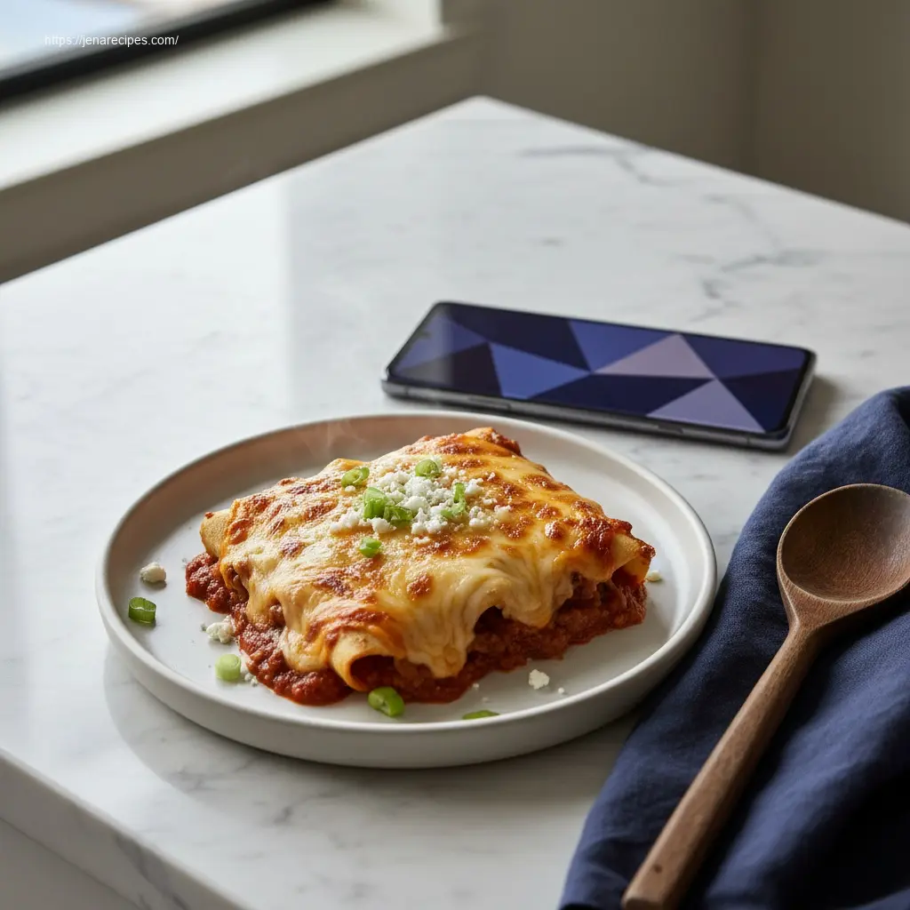 Close-up of a serving of Easy Cheesy Ground Beef Enchiladas.