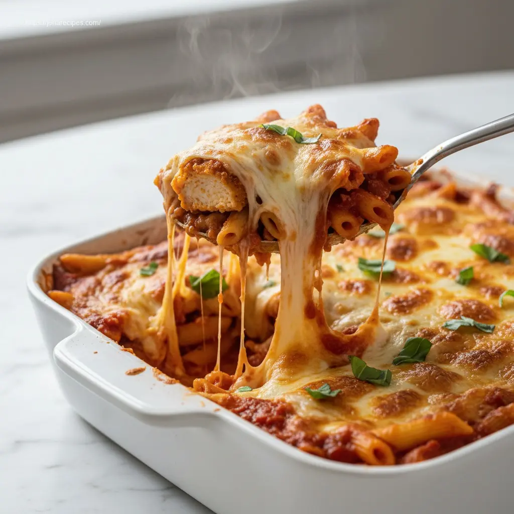 Spoon lifting Dump-and-Bake Chicken Parmesan Casserole, cheesy pull.