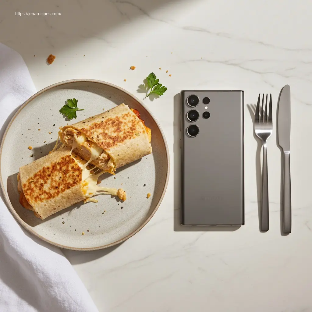 Delicious Ooey-Gooey Cheesy Garlic Chicken Wrap, overhead view.