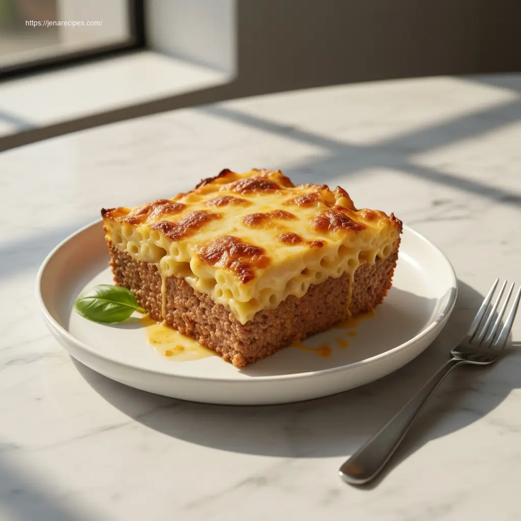 Single serving of Mac and Cheese Meatloaf Casserole.