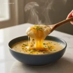 Spoonful of hot Garlic Herb Mashed Potato Soup with Cheddar