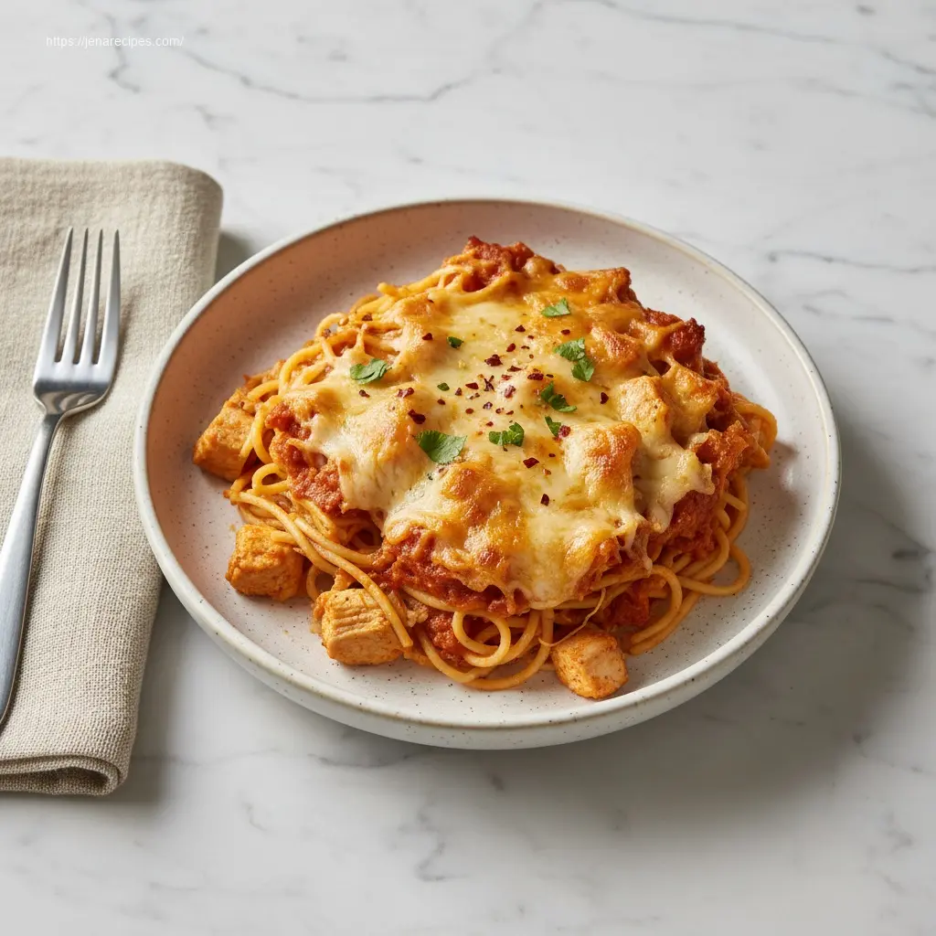 A creamy chicken and spaghetti casserole serving