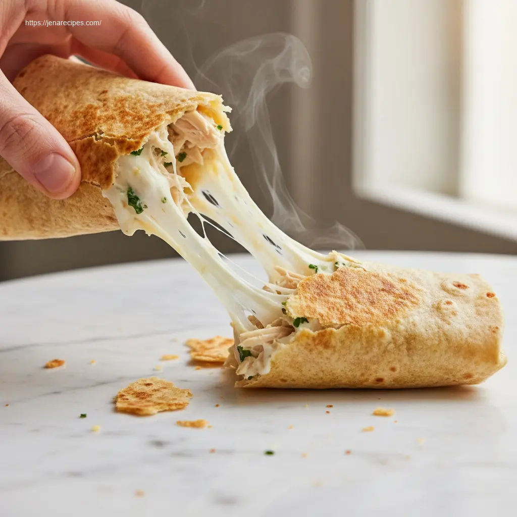 Close-up of Ooey-Gooey Cheesy Garlic Chicken Wrap with cheese pull.