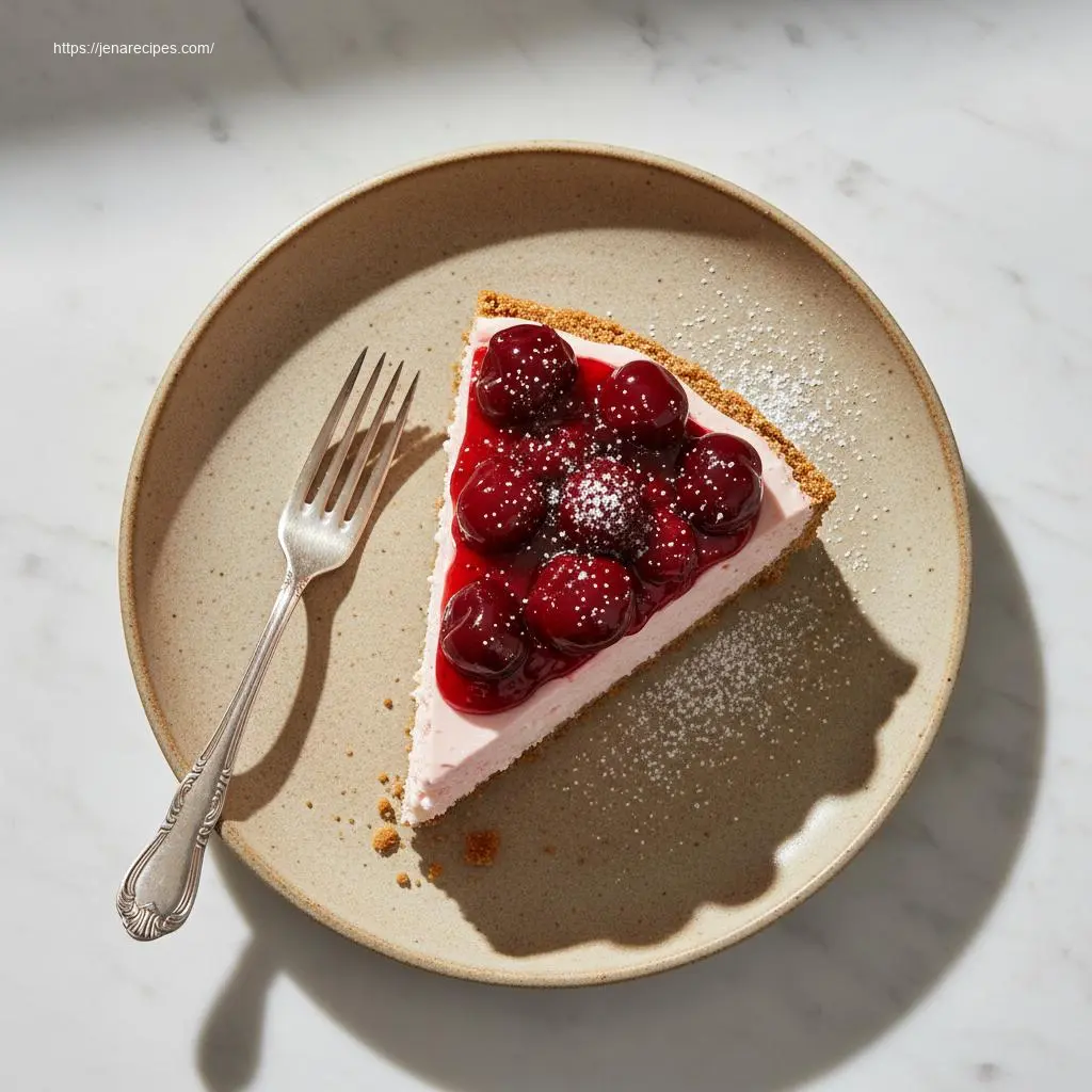 Delicious slice of no-bake cherry cheesecake with fresh cherries.
