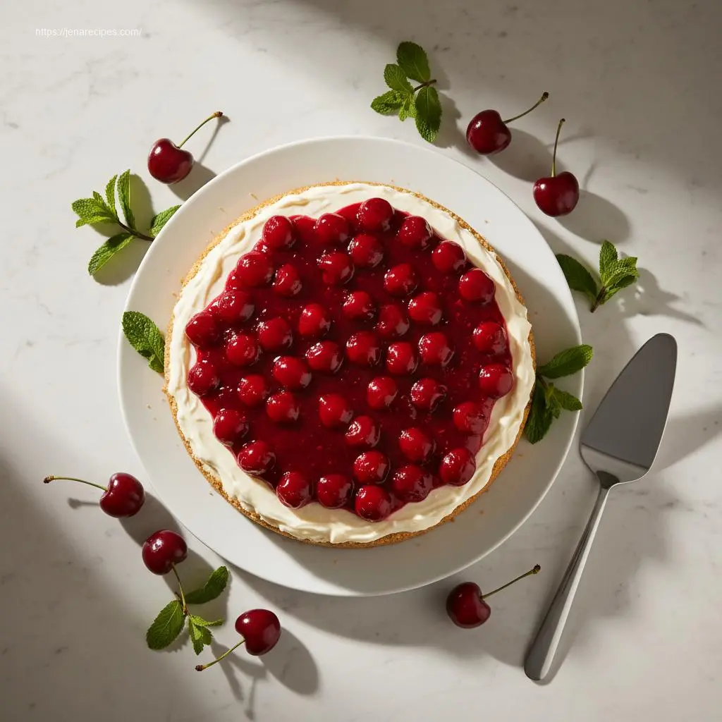 Delicious cherry cheesecake recipe no bake on white marble.