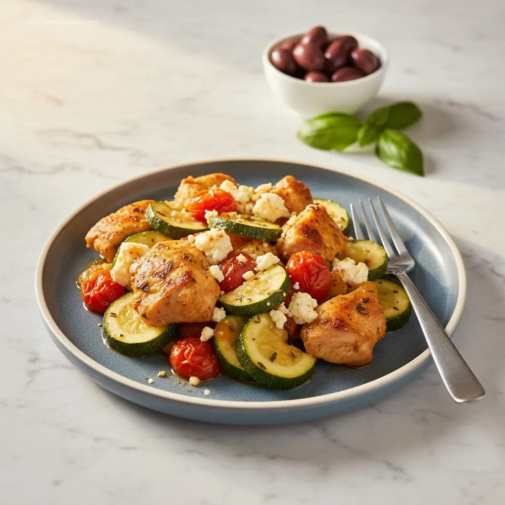Mediterranean Chicken Zucchini Bake with feta, ready to serve.