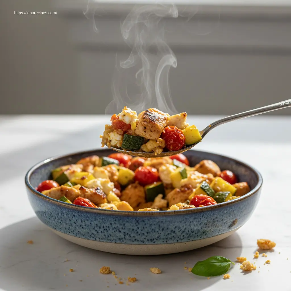 Spoon lifting Mediterranean Chicken Zucchini Bake.