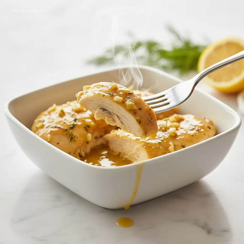 Close-up of Slow Cooker Lemon Garlic Chicken being lifted.