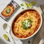 Delicious Chicken Enchilada Rice Casserole, garnished with cilantro.