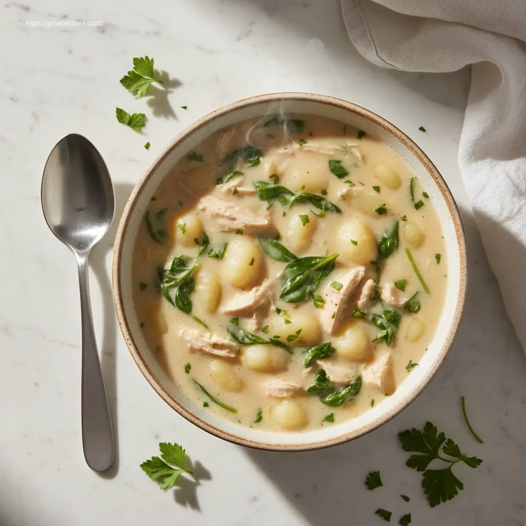 Creamy Olive Garden Chicken Gnocchi Soup in a rustic bowl.