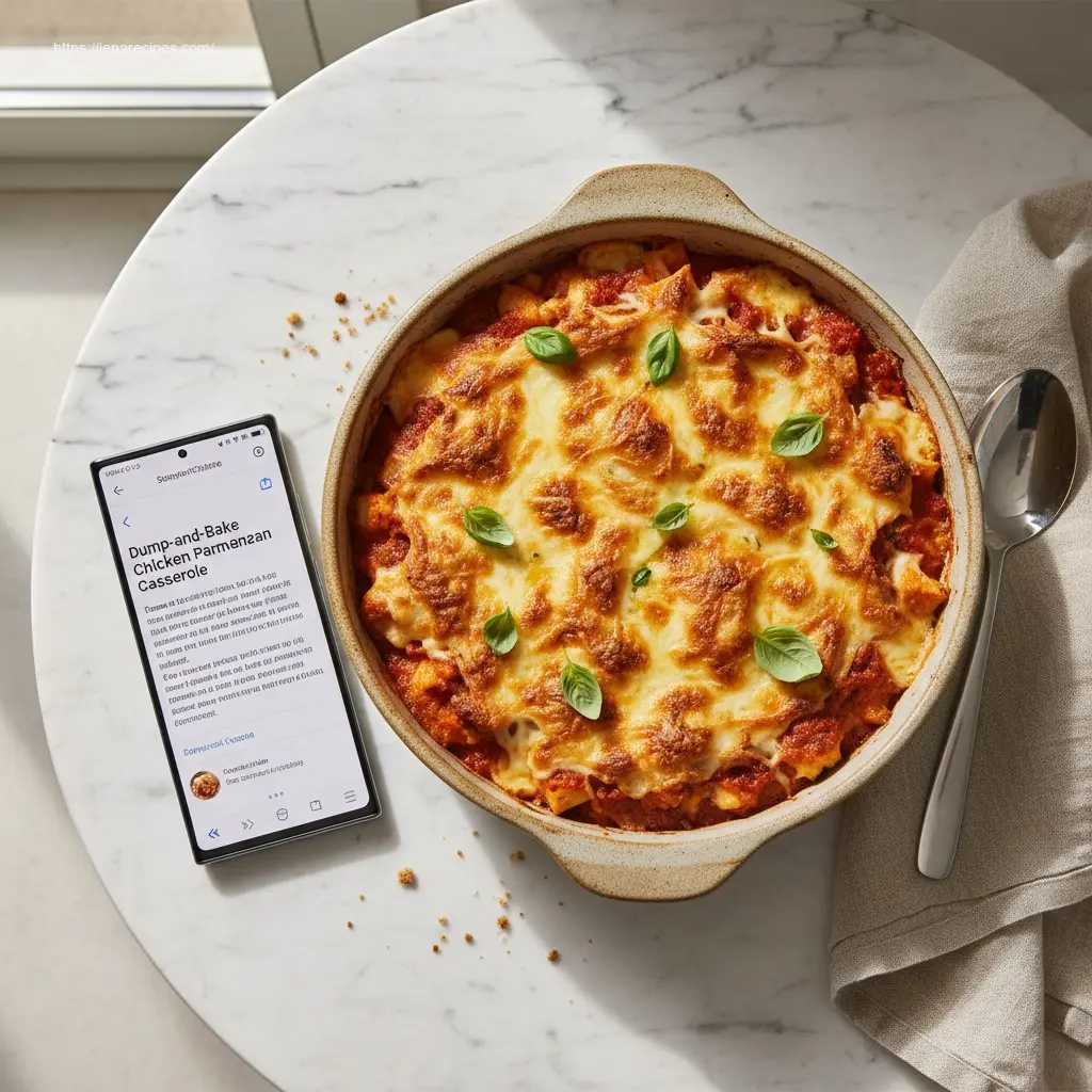Delicious Dump-and-Bake Chicken Parmesan Casserole ready to serve.