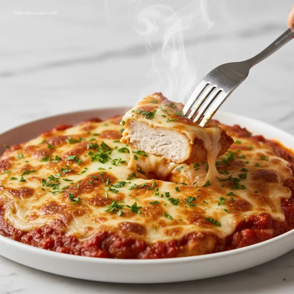 Close-up of Healthy Baked Chicken Parmesan being served.