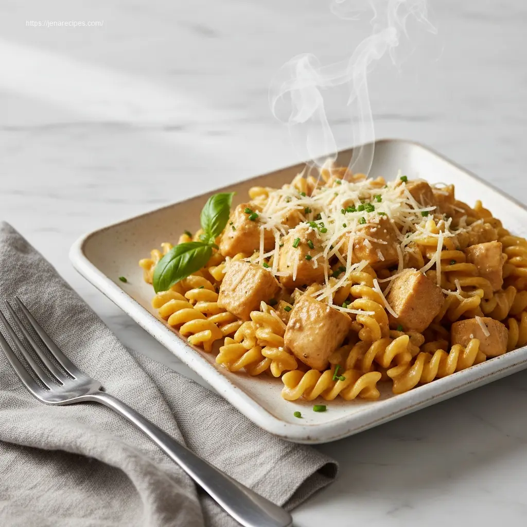 Plate of Healthy Garlic Parmesan Chicken Pasta and basil.
