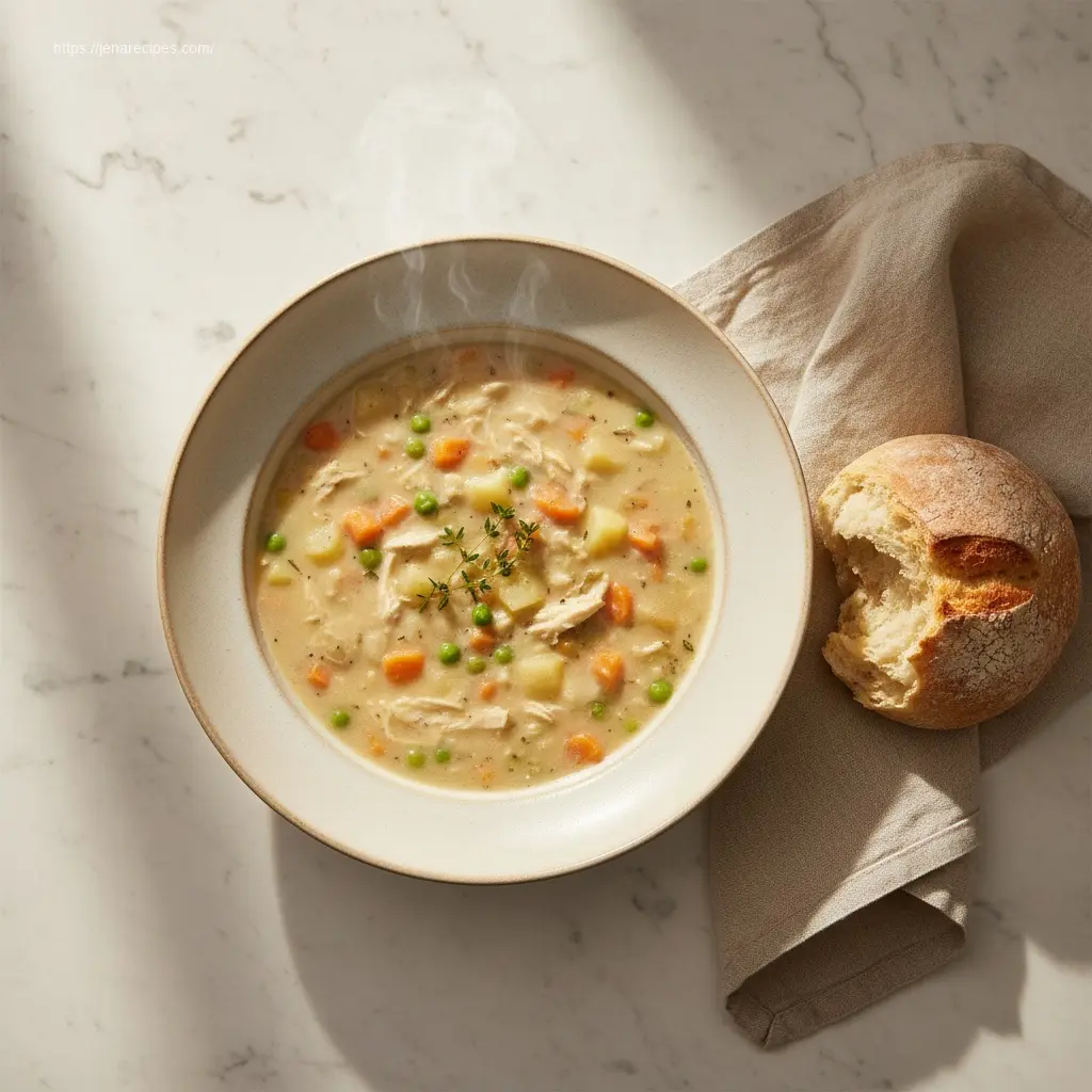 Delicious Chicken Pot Pie Soup Recipe in a stoneware bowl.
