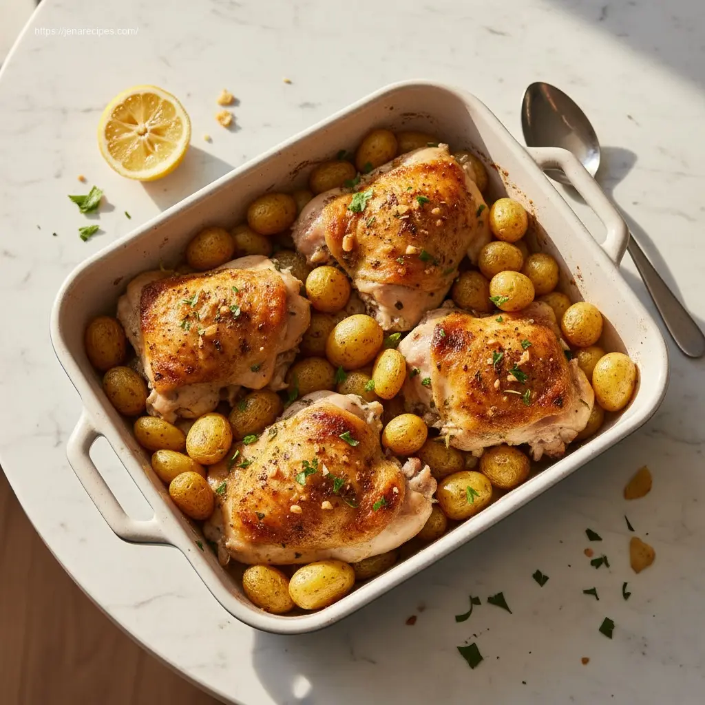 Slow cooker chicken and potatoes with lemon and garlic.