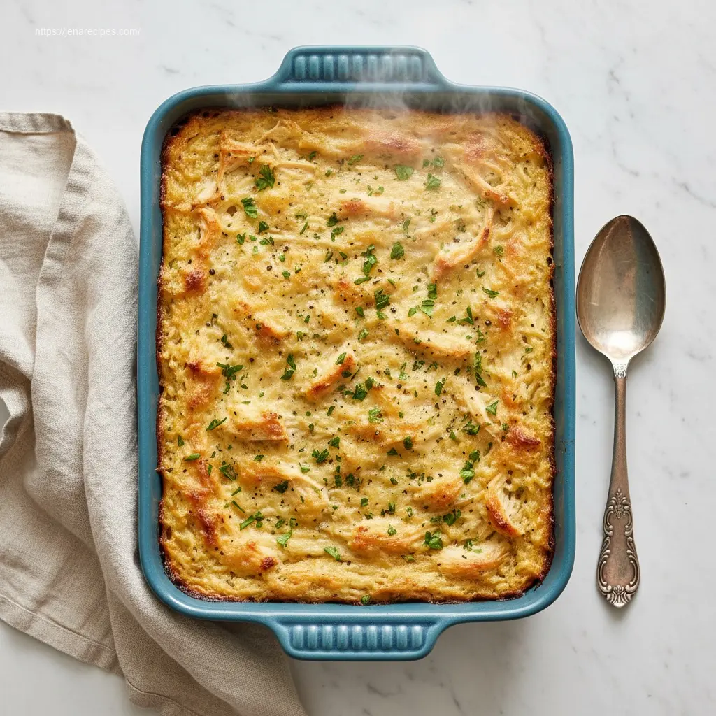 Delicious Pioneer Woman Chicken Rice Casserole overhead shot