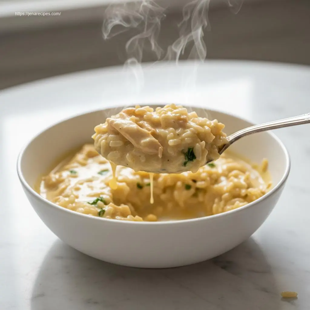 Spoon lifting creamy smothered chicken and rice.
