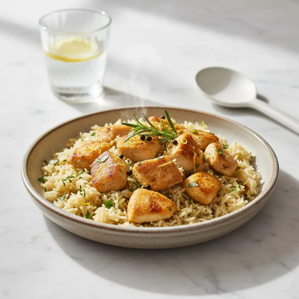 Savory Slow Cooker Lemon Herb Chicken and Rice on a plate