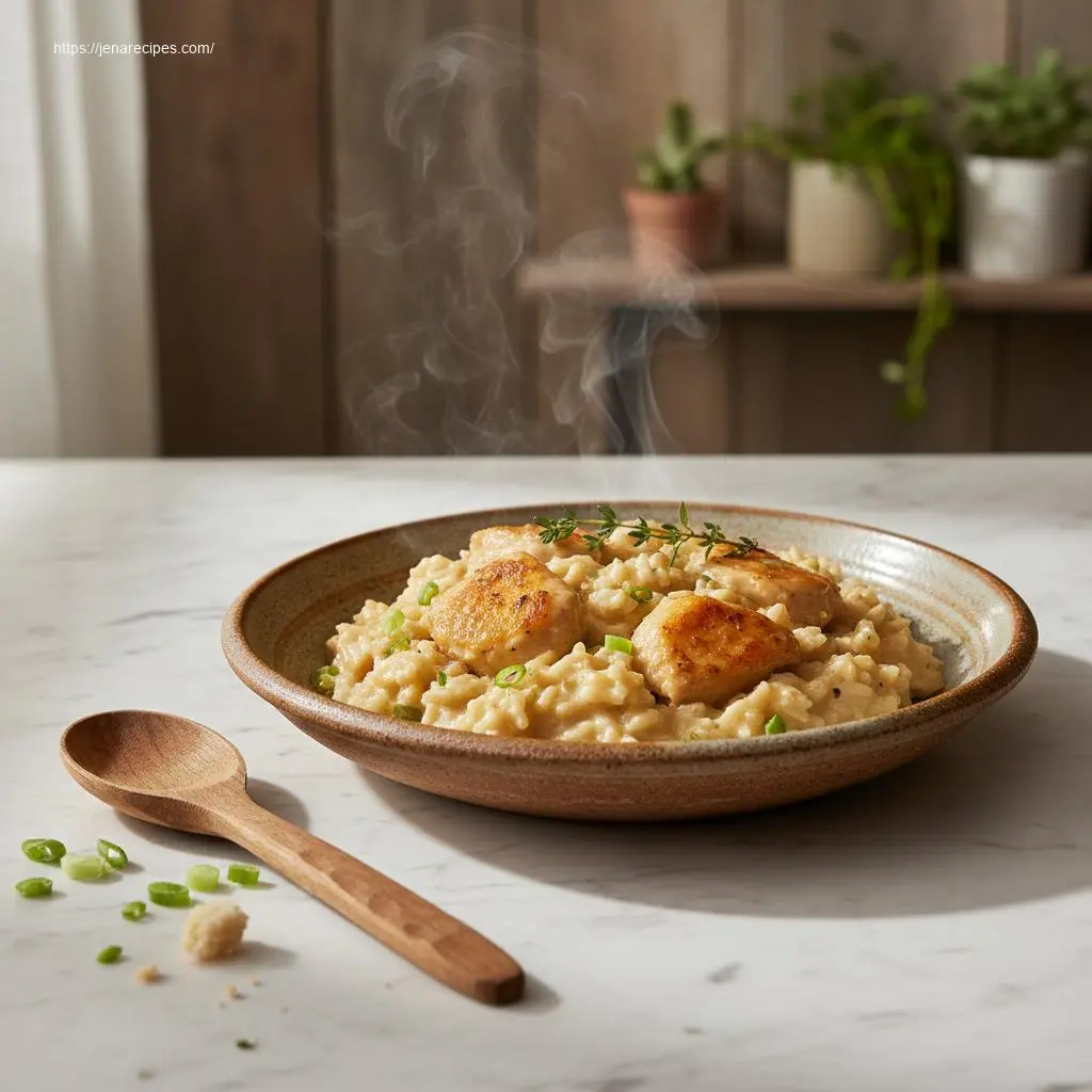 45-degree view of creamy smothered chicken and rice.