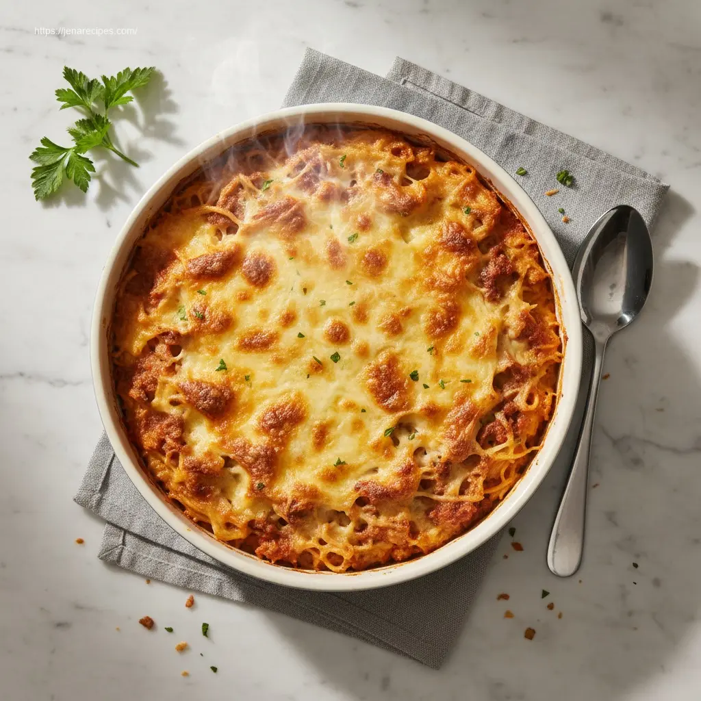 Delicious Southern Chicken Spaghetti Bake in a dish.