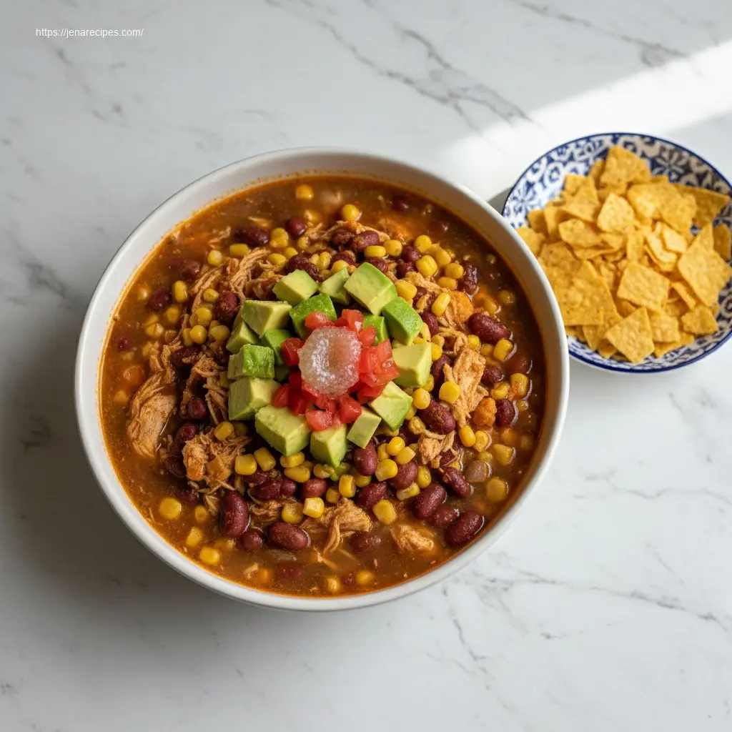 Hearty Easy Chicken Taco Soup with fresh avocado and lime.