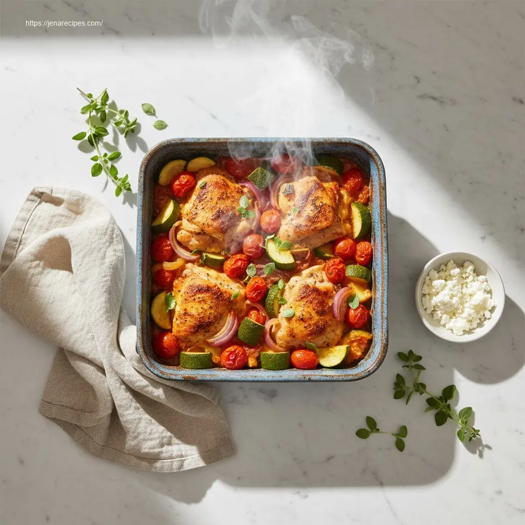 Delicious Mediterranean Chicken Zucchini Bake, overhead view.