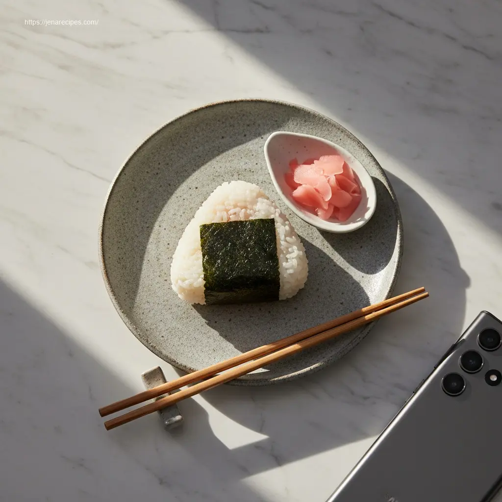 A single Japanese Tuna Onigiri on a plate, ready to eat.