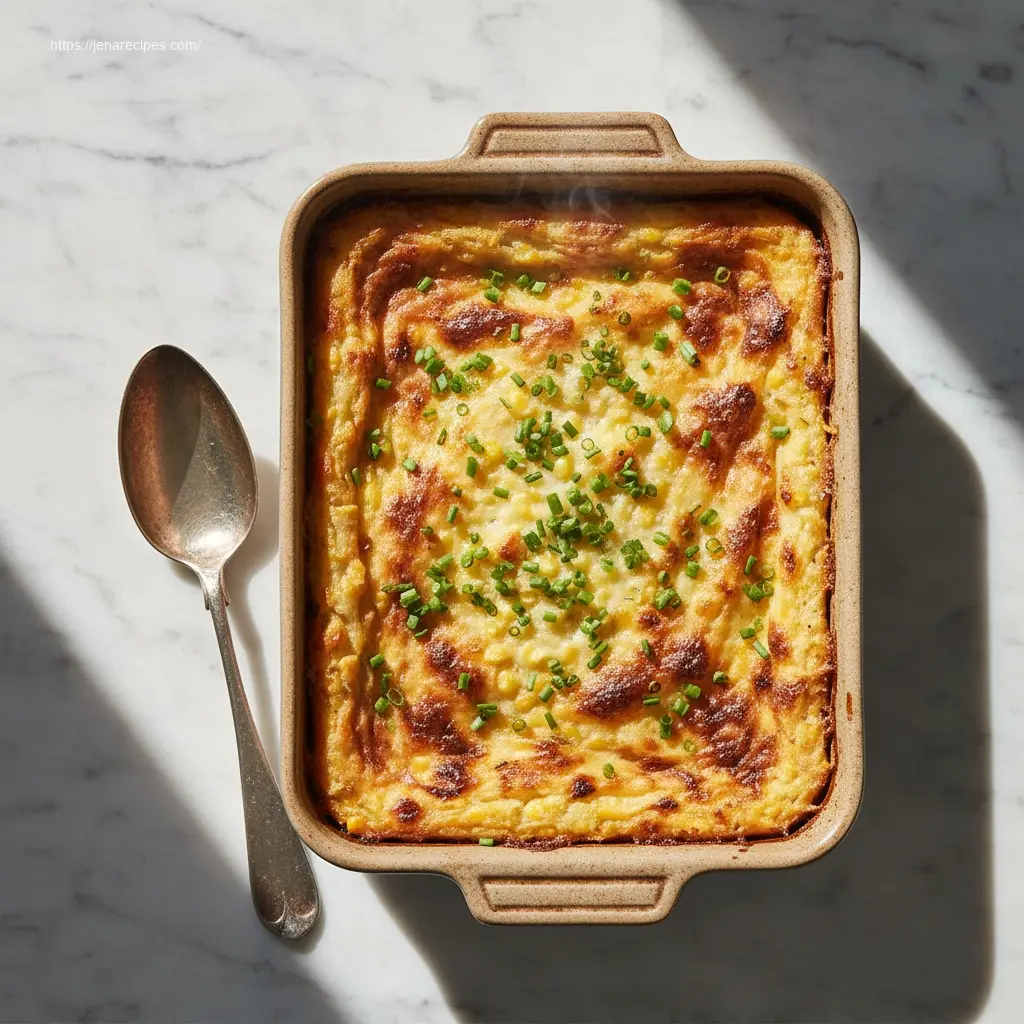 Delicious Corn Casserole, overhead view, perfect for any meal.