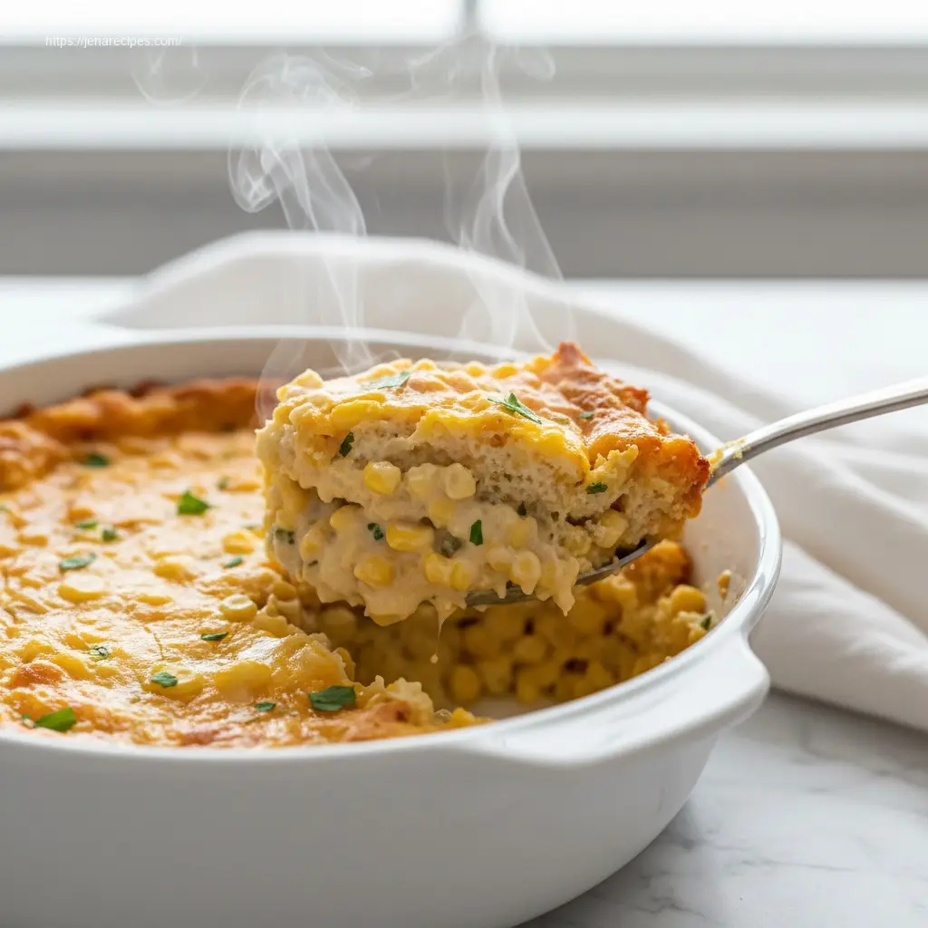 Spoon lifting a delicious scoop of fresh Corn Casserole.
