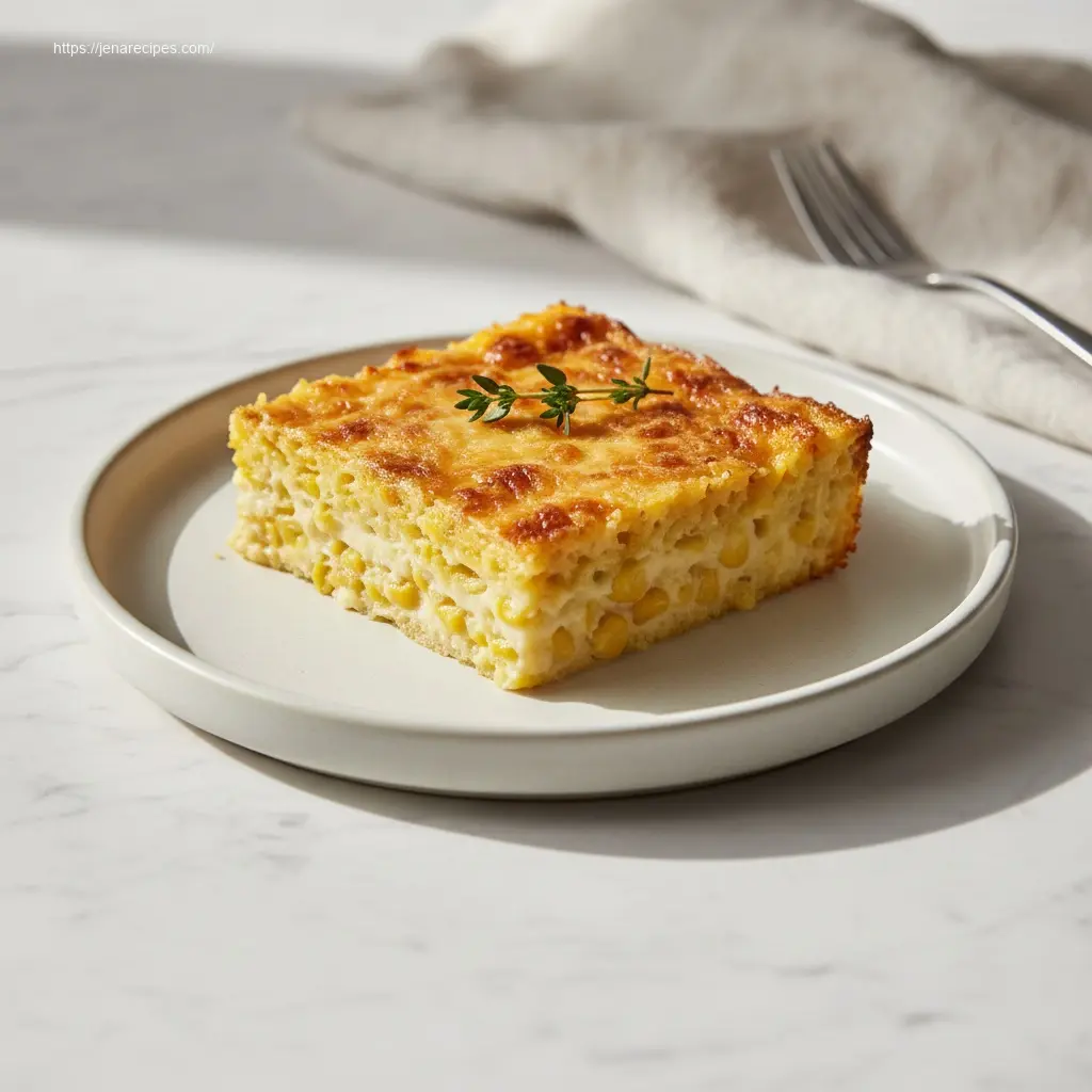 A tempting slice of Corn Casserole on a plate, ready to enjoy.