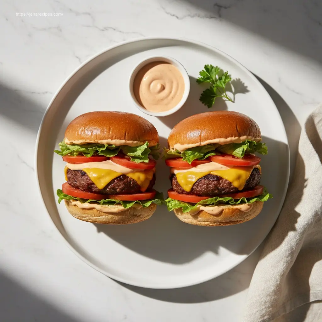 Delicious Crack Burgers on a white plate with fresh ingredients.