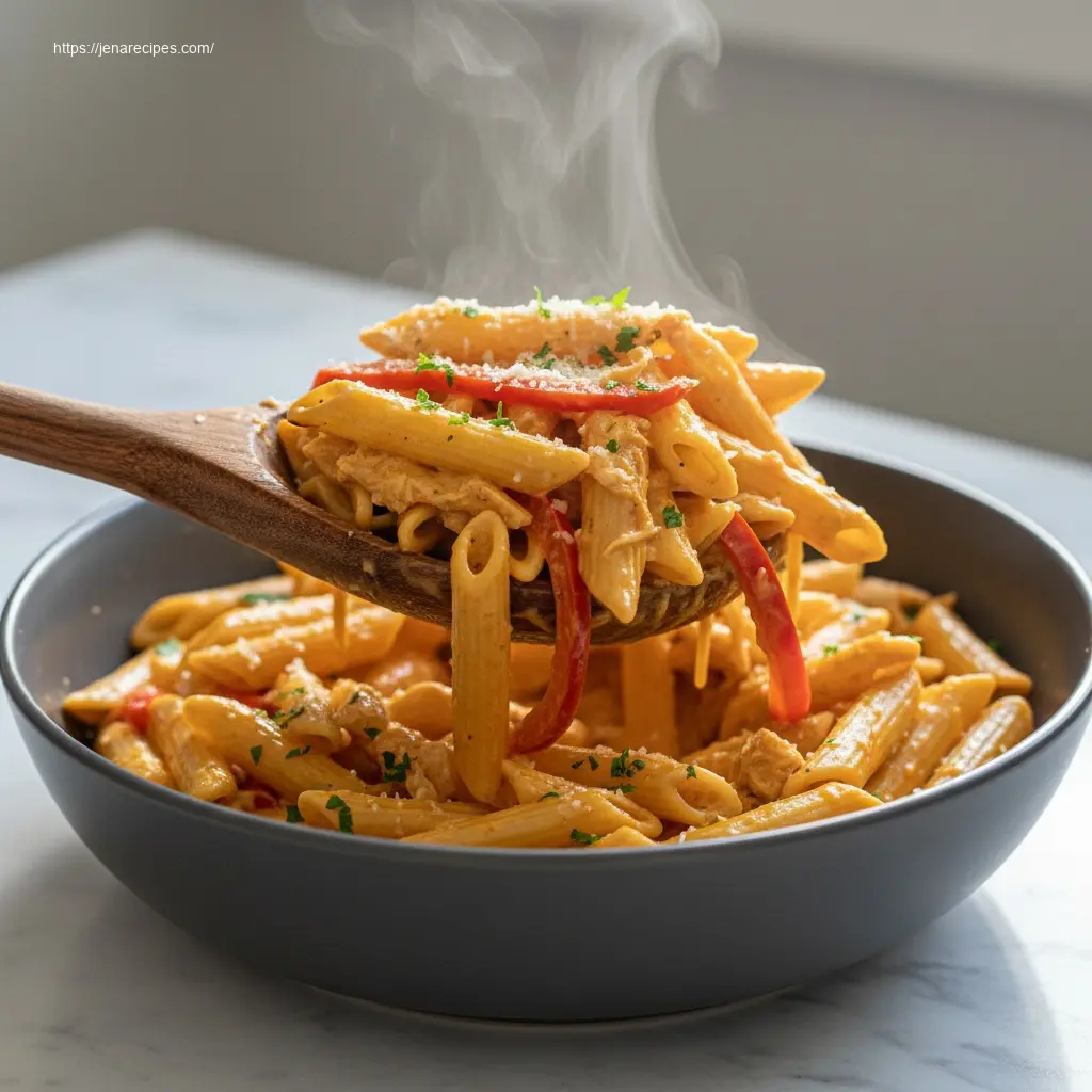 Spoon lifting Crock Pot Creamy Cajun Chicken Pasta.