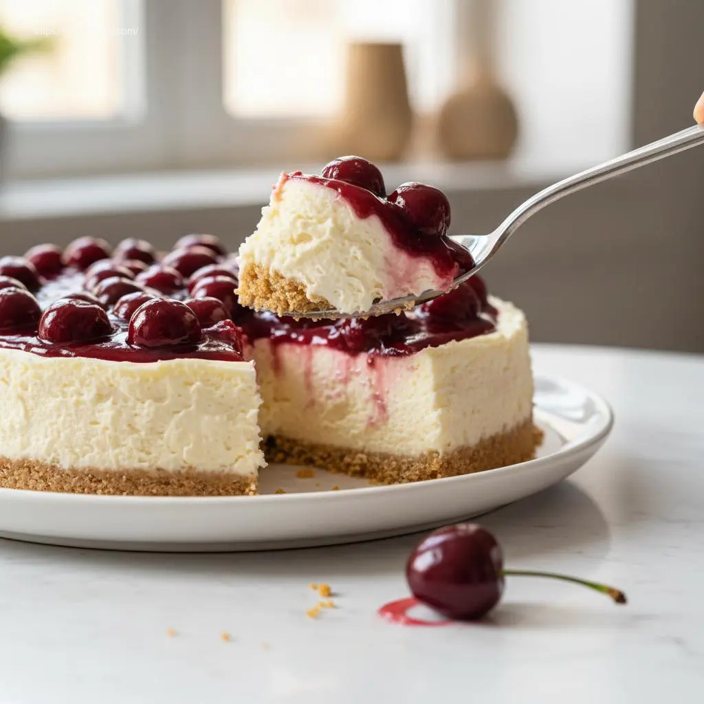 Spoon lifting no bake cherry cheesecake filling.
