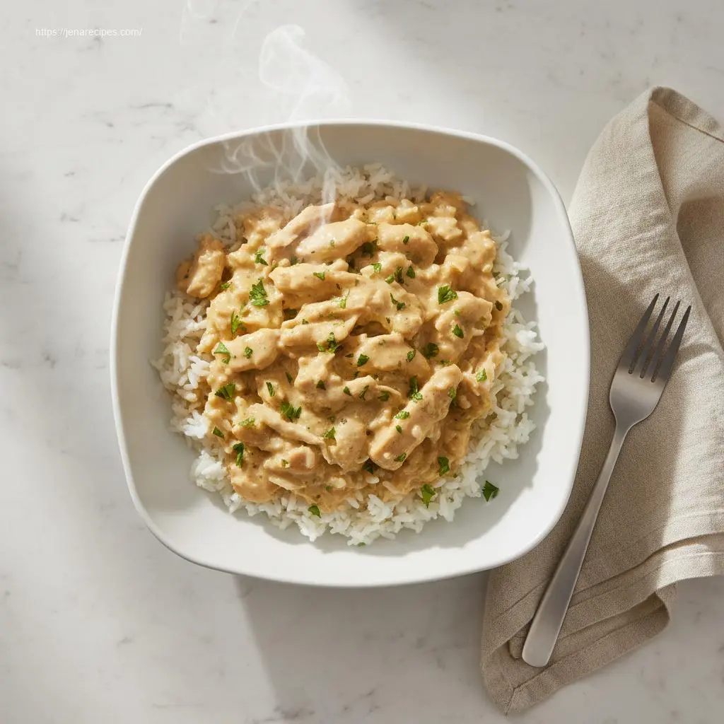 Overhead shot of creamy smothered chicken and rice.