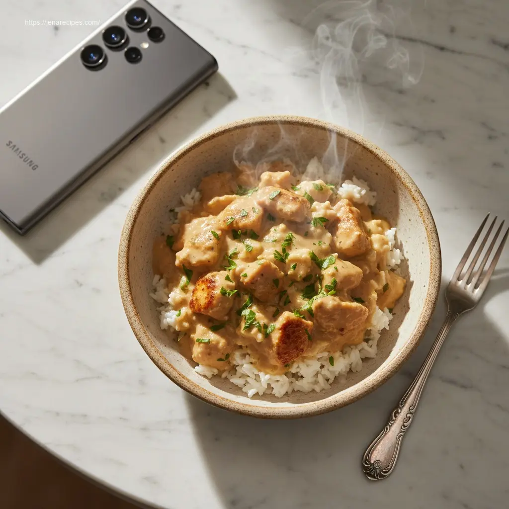 Delicious creamy smothered chicken and rice, overhead shot.