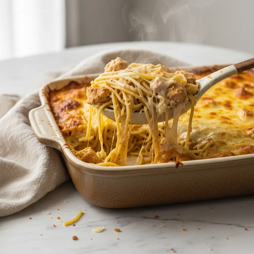 Spoon lifting Southern Chicken Spaghetti Bake.