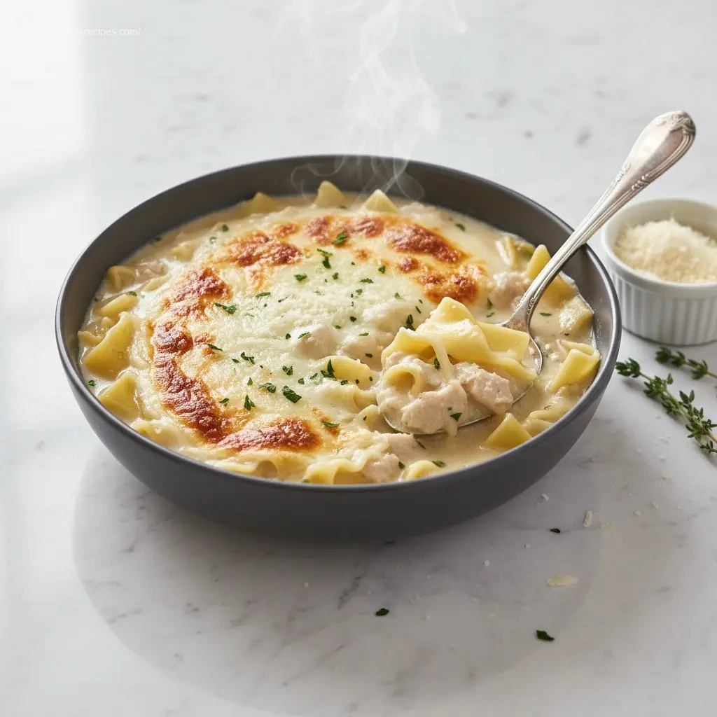 Creamy White Chicken Lasagna Soup with melted cheese