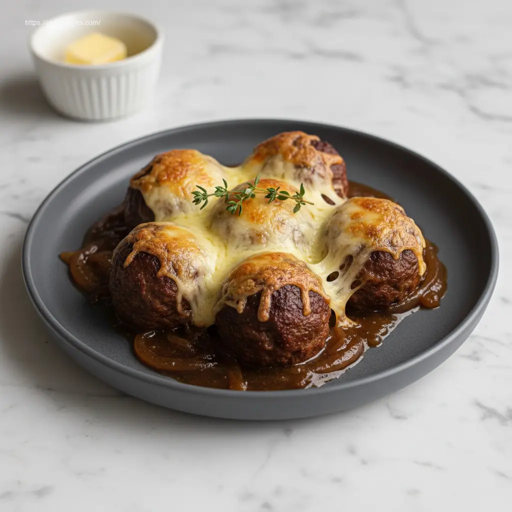 A serving of savory Crockpot French Onion Meatballs on a plate.