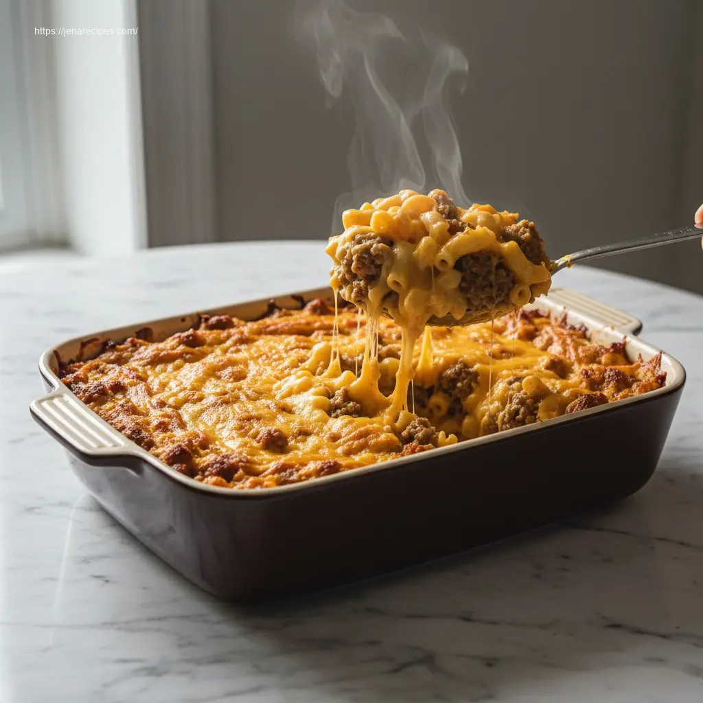 Spoon lifting Mac and Cheese Meatloaf Casserole.