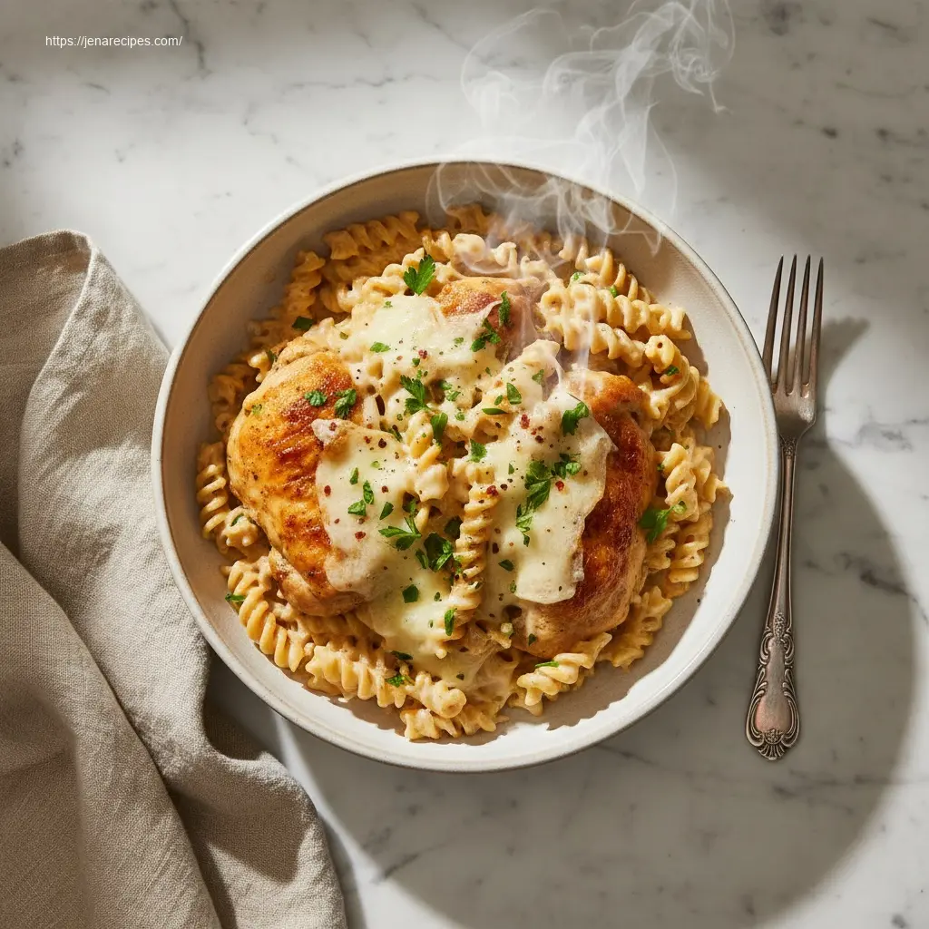 Delicious cheesy chicken pasta, creamy and rich, in a light bowl.