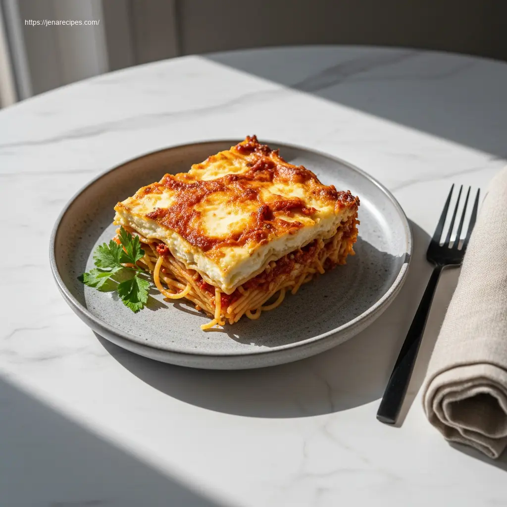 A tempting slice of Baked Cream Cheese Spaghetti Casserole