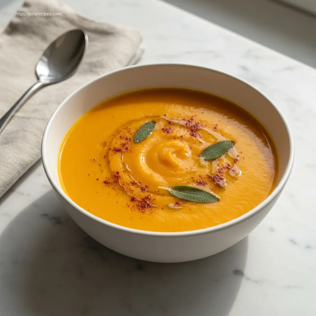 Steaming bowl of Spicy Butternut Squash Sweet Potato Soup.