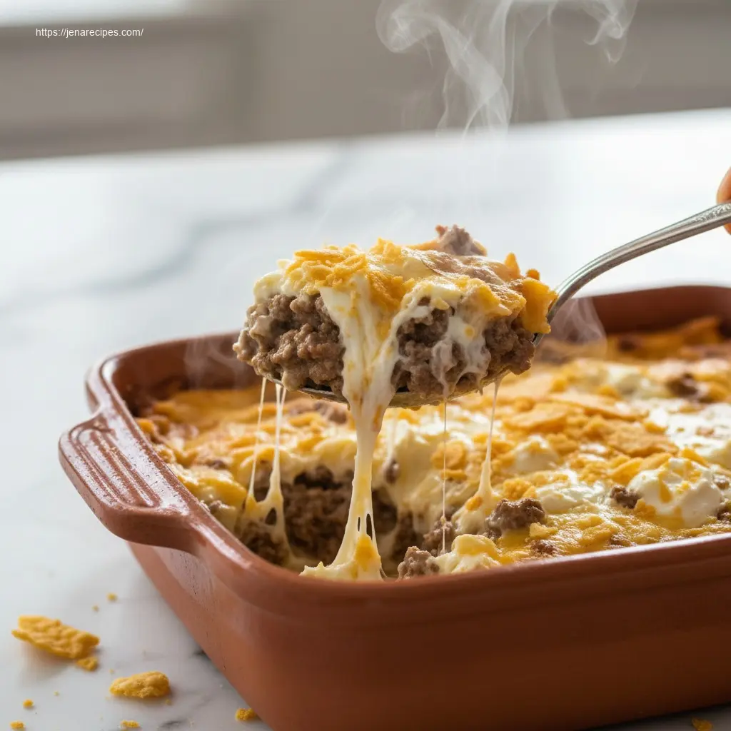 Spoon lifting a creamy portion of Walking Taco Casserole.