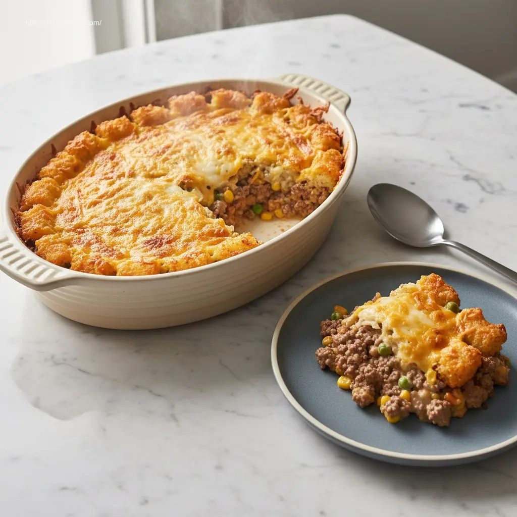Homestyle Tater Tot Casserole with Ground Beef, ready to eat.